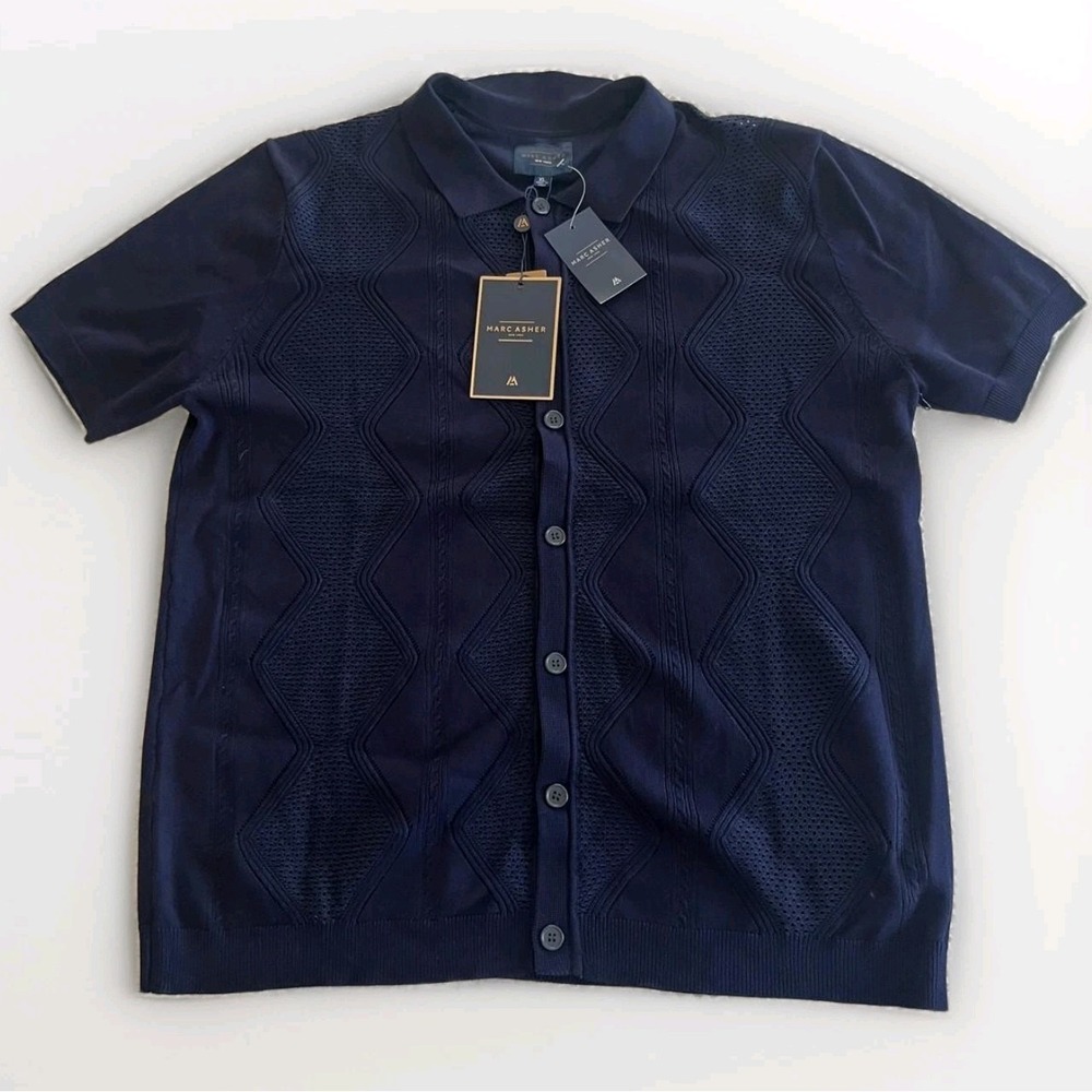 Marc Asher New York Men's XL Navy Blue Textured Short Sleeve Button Shirt NWT